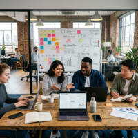 Startup team collaborating on business ideas in modern workspace