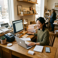 Small business owner managing website and operations online