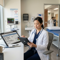 Healthcare professional using digital system in clinic
