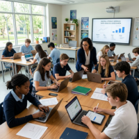 Students using digital learning platforms in classroom