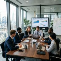 Corporate team discussing business strategy in office meeting
