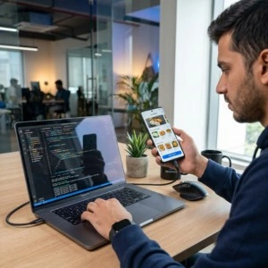 Mobile app developer testing application on smartphone with coding environment