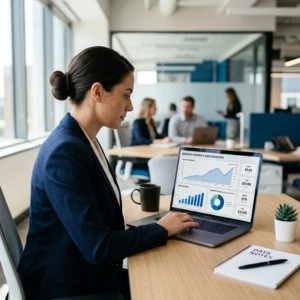 Business analytics dashboard showing growth and performance metrics on laptop screen