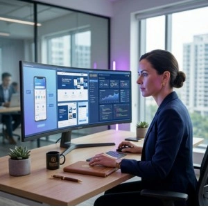 Professional exploring future digital solutions including websites apps and analytics