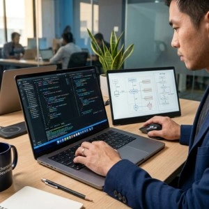 Software developer coding custom application with system architecture on laptop screen