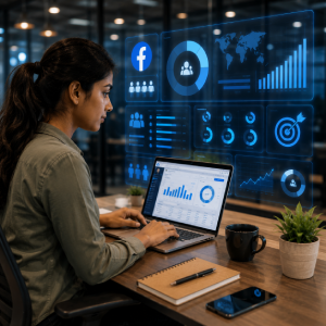 Indian woman managing Facebook Ads campaign analytics