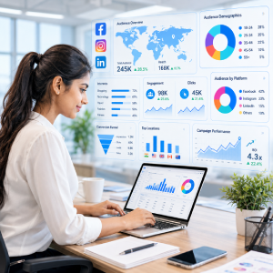 Female marketer analyzing audience targeting data dashboard