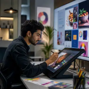 Young male designer creating social media ads on tablet pros