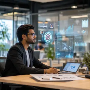 Indian marketer analyzing holographic campaign data office.