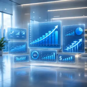 Futuristic KPI dashboard with glowing ROI analytics visuals