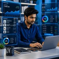 Indian marketer analyzing social media analytics dashboard
